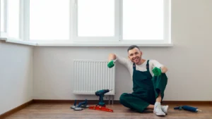 A handyman takes a break while preparing to renovate a room